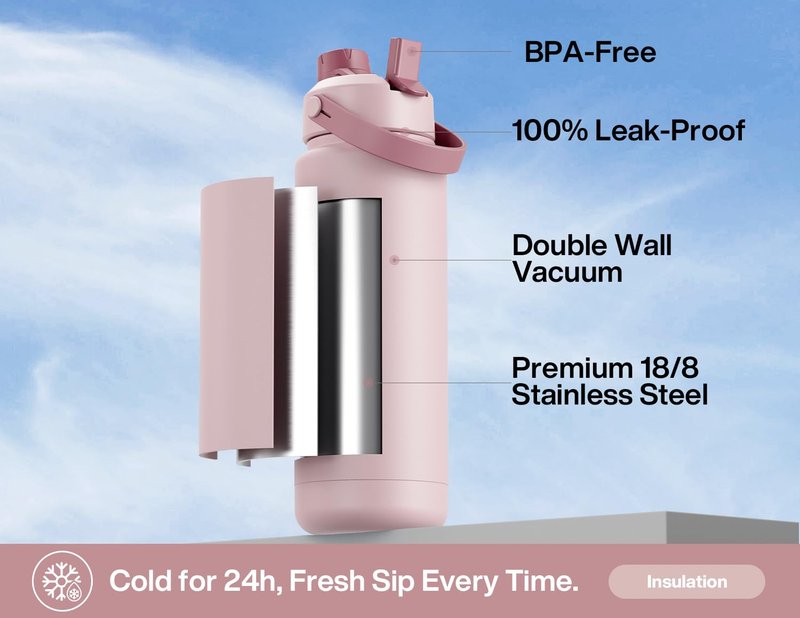 POWCAN 32 oz Insulated Water Bottle with 2-in-1 Straw and Spout Lid, Keep Cold 24H, Leak-Proof, BPA-Free, Double Wall Stainless Steel Water Bottle for Sports, Gym, Travel, and School (Dried Rose)