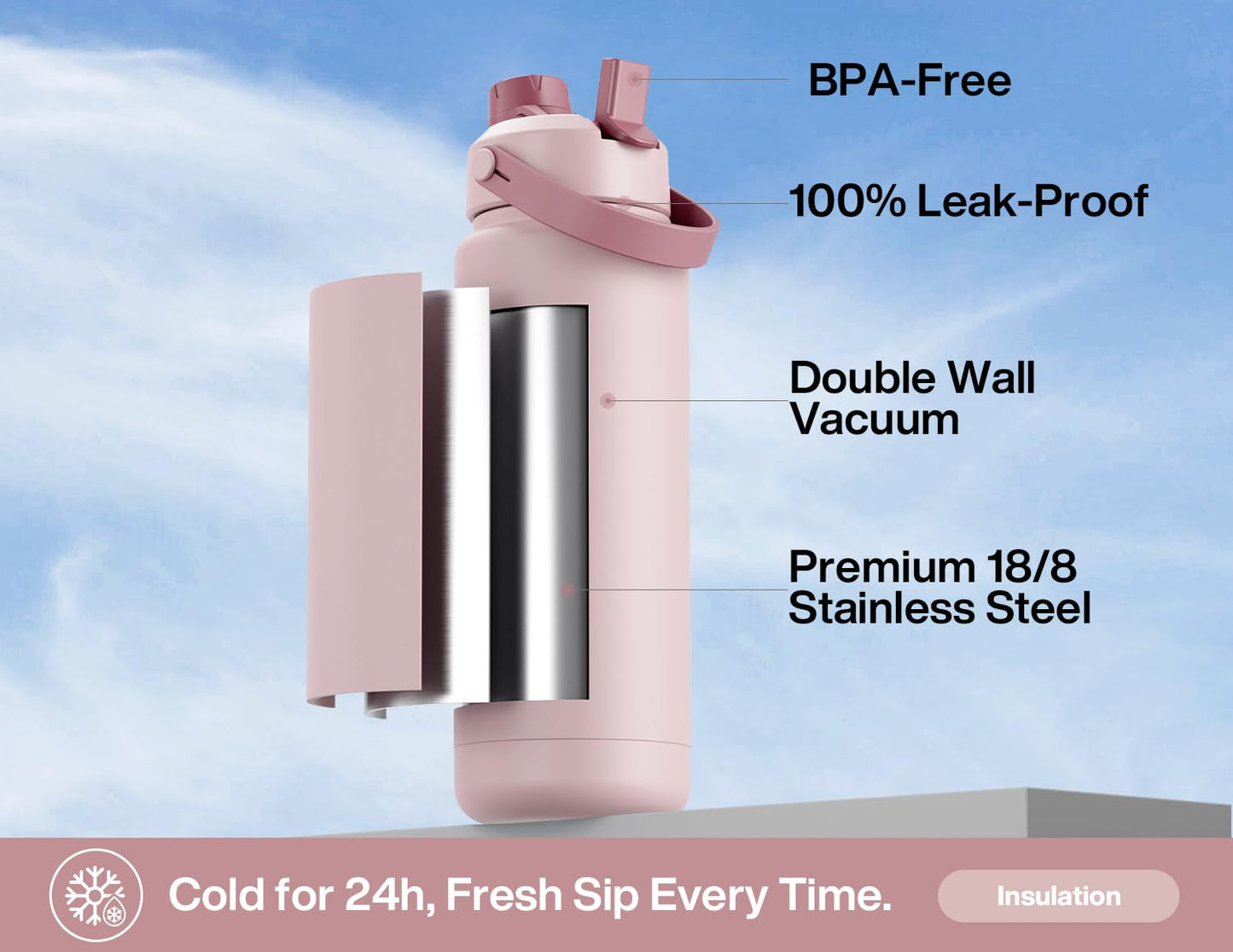 POWCAN 32 oz Insulated Water Bottle with 2-in-1 Straw and Spout Lid, Keep Cold 24H, Leak-Proof, BPA-Free, Double Wall Stainless Steel Water Bottle for Sports, Gym, Travel, and School (Dried Rose)