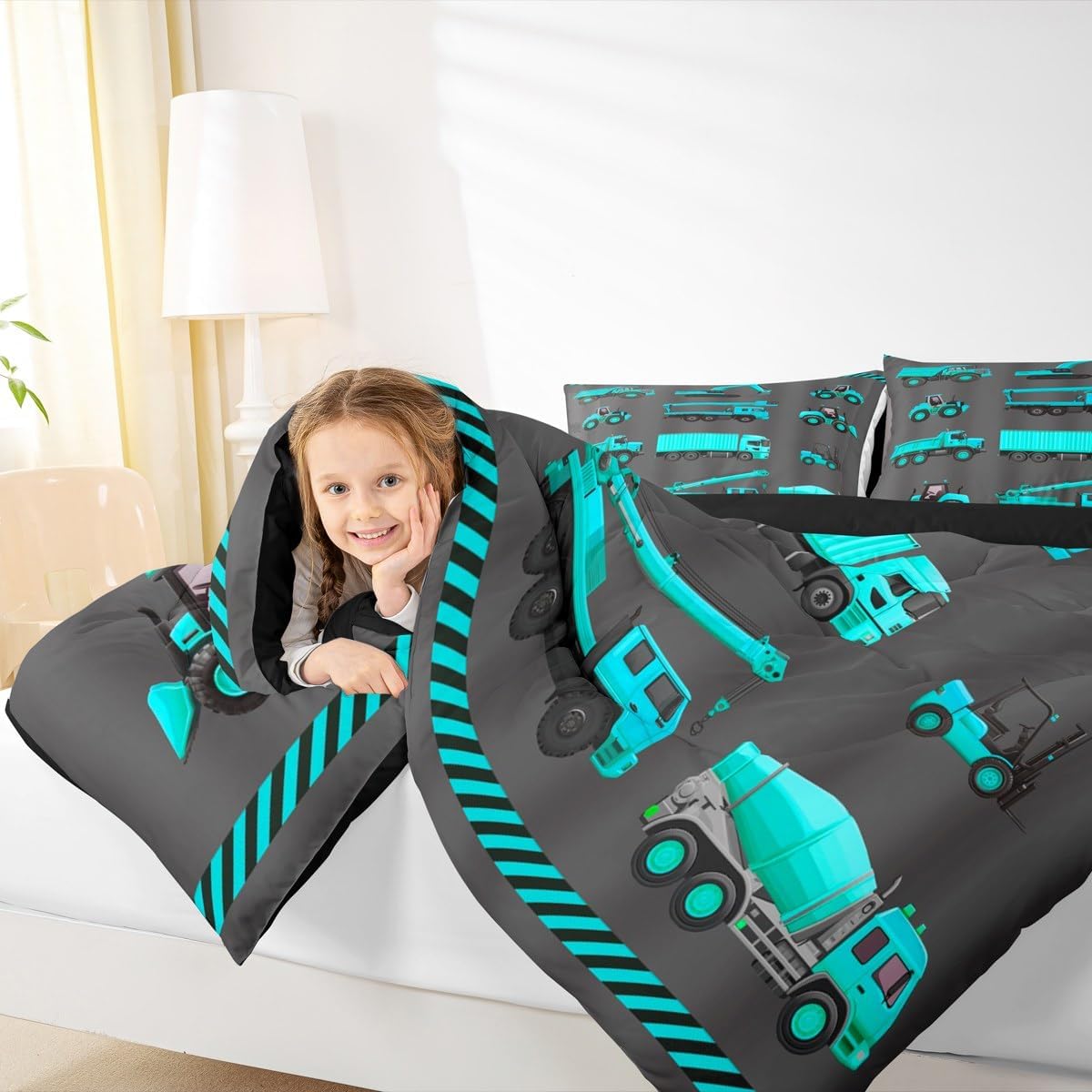 Cartoon Police Car Bedding Set Red Fire Truck Comforter Set for Kids Boys Fire Extinguisher Duvet Set Airplane Comforter 1 Comforter Set with 2 Pillowcases Full Size Boys