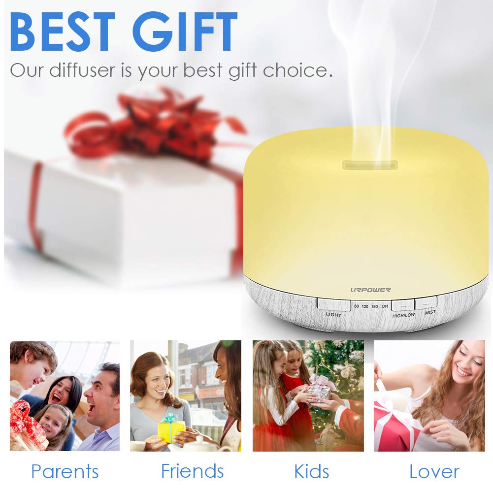 URPOWER 500ml Essential Oil Diffuser, Aromatherapy Diffusers for Essential Oils with Adjustable Mist Mode/4 Timer Settings Large Room Cool Mist Humidifier Air Diffuser for Home Office Study Yoga Spa