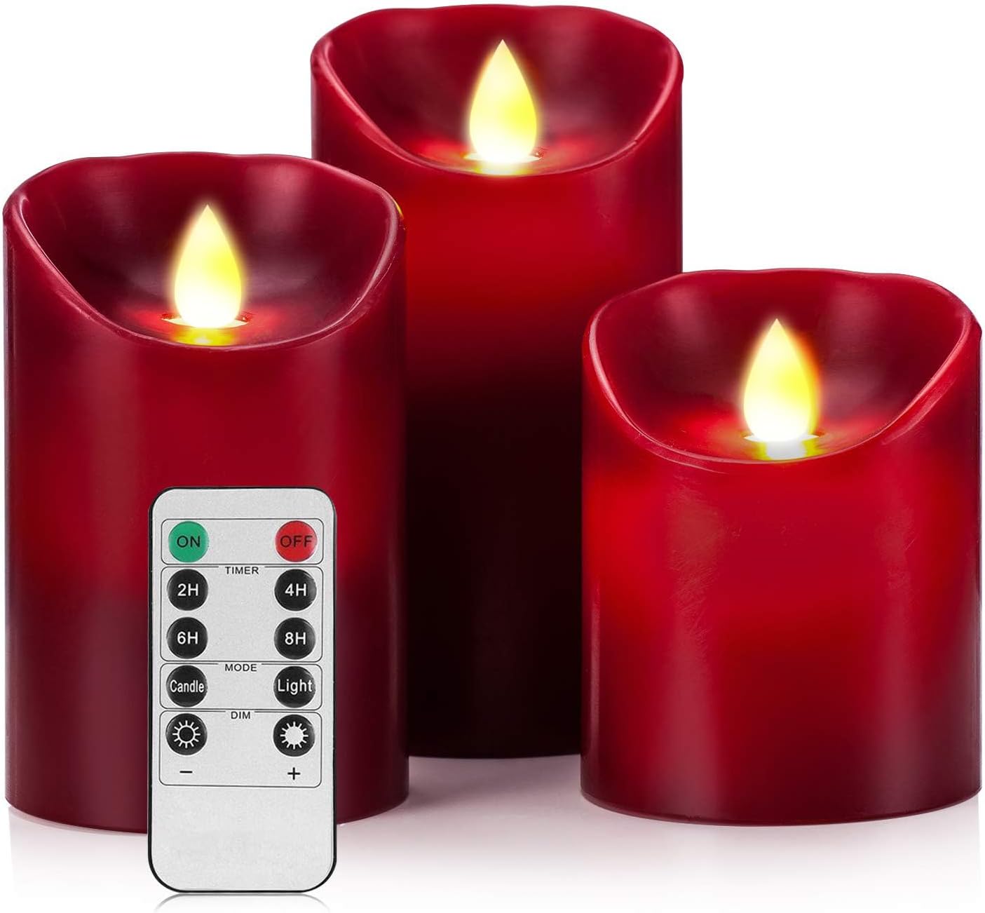 Flameless LED Drip-Less Wax Pillar Candles Set of 3 - Realistic Flickering Motion, Burgundy with Remote & 24-Hour Timer