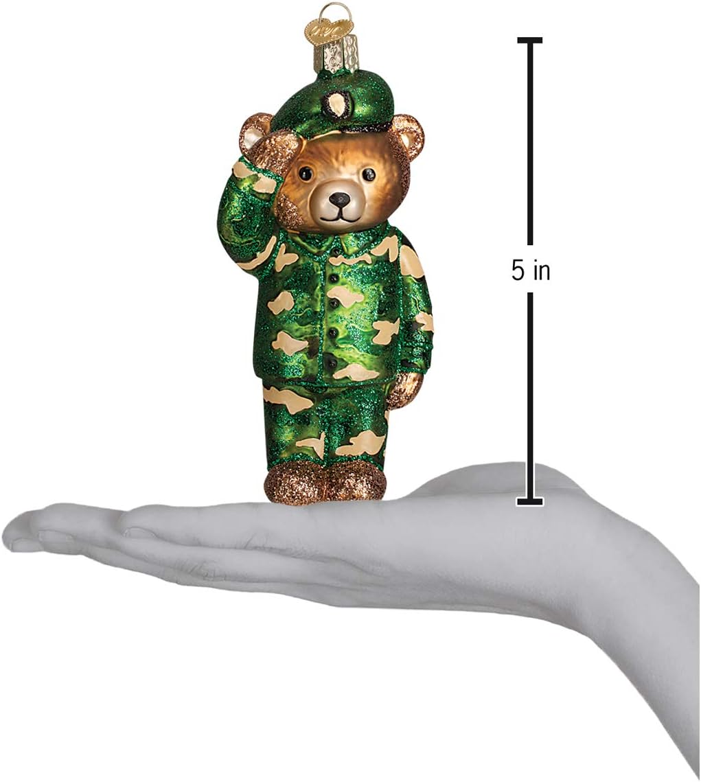 Handcrafted Army Bear Glass Blown Ornament - Old World Christmas Holiday Decoration
