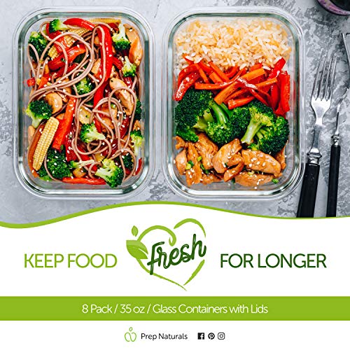 PrepNaturals 8 Pack 36oz Glass Meal Prep Containers with Airtight Lids - 1 Compartment