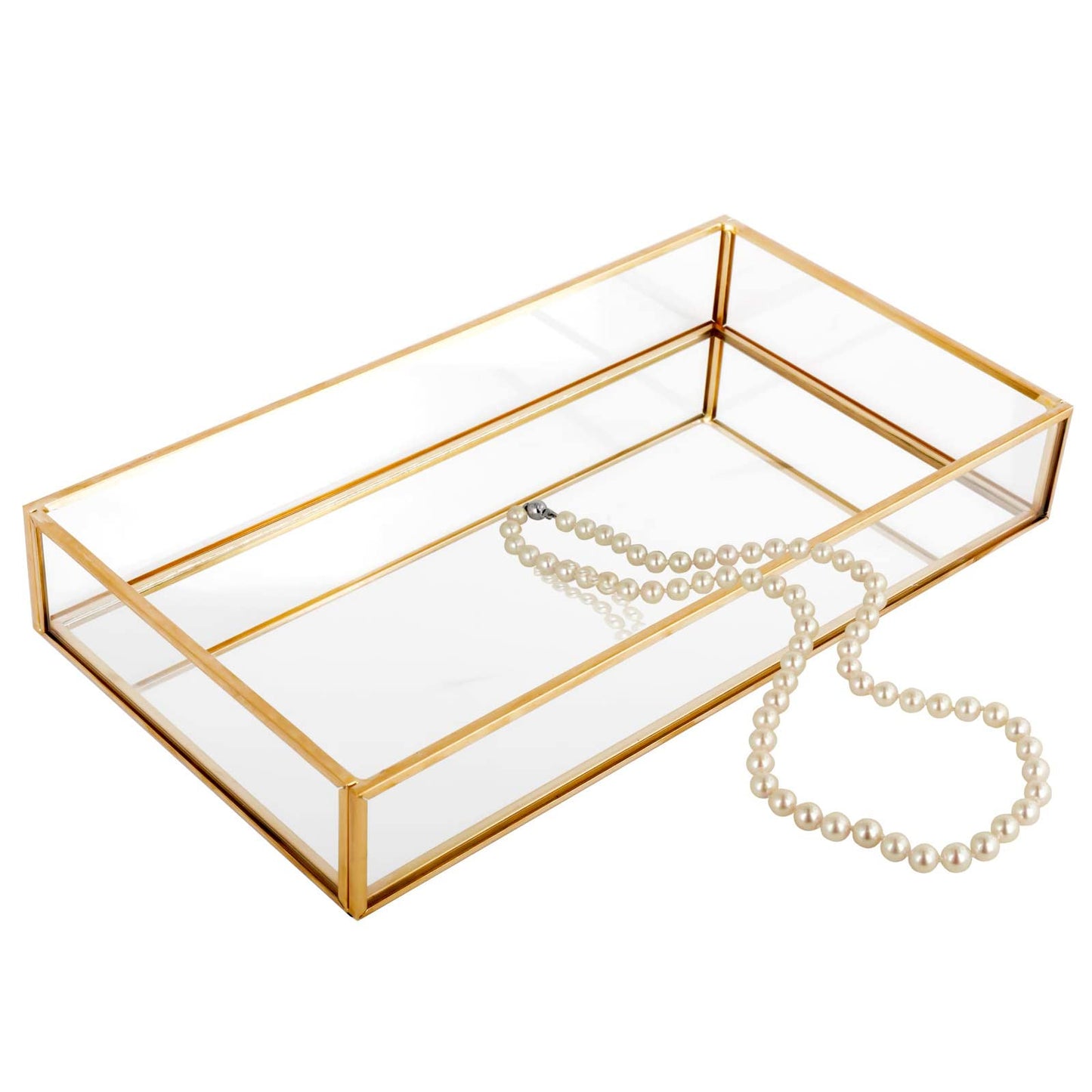 HighFree Rectangle Gold Mirror Tray, Decorative Glass Mirrored Gold Tray, Brass Gold Mirror Perfume Trays for Dresser, Vanity Tray for Cosmetics, Makeup, Trinket,Jewelry(11.8x7.9x2)