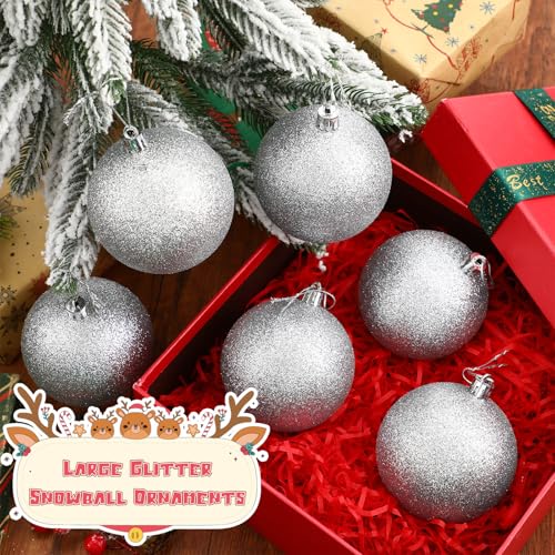 Zubebe 12Pcs Silver Glitter Christmas Ball Ornaments - 3.15in Large Snowball Decor