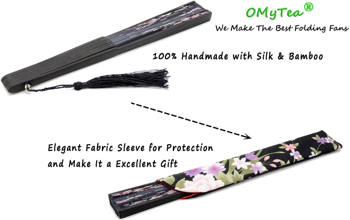 Handmade Silk Folding Fan with Bamboo Frame - Vintage Chinese/Japanese Style for Women & Girls - Gift-Ready with Protective Sleeve (WZS-33)