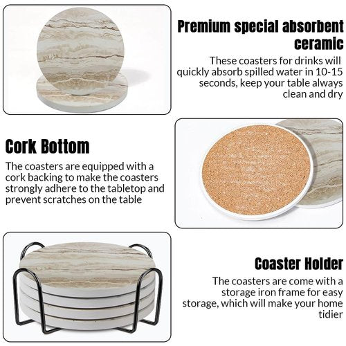 Ceramic Coasters Set of 6, Marble-Textured Design with Holder - Absorbent Cork-Backed Coasters for Cups, Bar & Coffee Table Decor Accessories (Khaki Marble, 4 Pack)