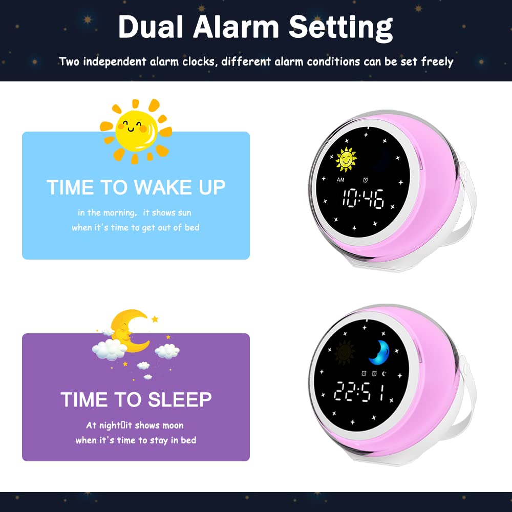 Kids Alarm Clock, Ok to Wake Clock for Toddlers with Sunrise & Moon for Bedroom Decor, Sleep Training Digital Clock with White Noise Sound & Night Light for Girls Boys (Pink-Blue)