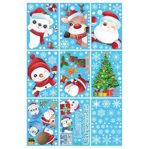192Pcs Christmas Window Clings for Glass Windows, 9 Sheet Christmas Window Stickers Santa Claus Snowman Reindeer for Xmas Holiday Indoor Decals Party Supplies