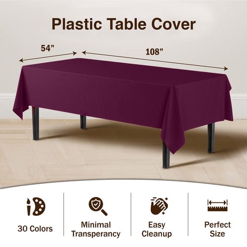 Exquisite Party Solids 6-Pack Premium Plastic Tablecloth 54in. x 108in. Rectangle Plastic Table Cover - Plum