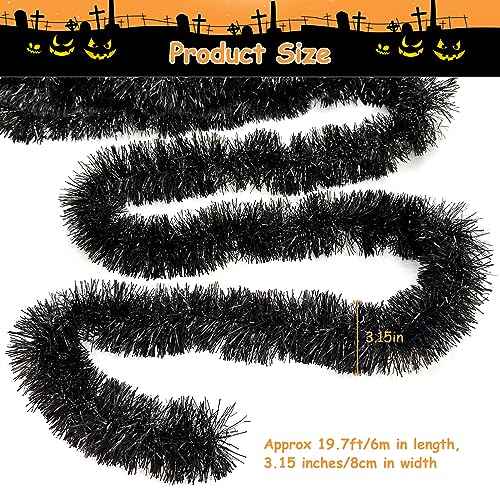 Apragaz 19.68Feet Black Garland - Sparkle Halloween Tinsel Garland for Holiday Tree, Table, Door, Wall, Rail, Fireplace, Parade Floats - Halloween Garland for Indoor & Outdoor Home Party Decoration