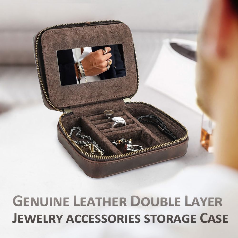 Contacts Genuine Leather Jewelry Box for Men Travel Jewelry Organizer Zipper Jewelry Cufflinks Ring Necklace Bracelet Storage Case with Mirror, Rectangular+mirror, Coffee