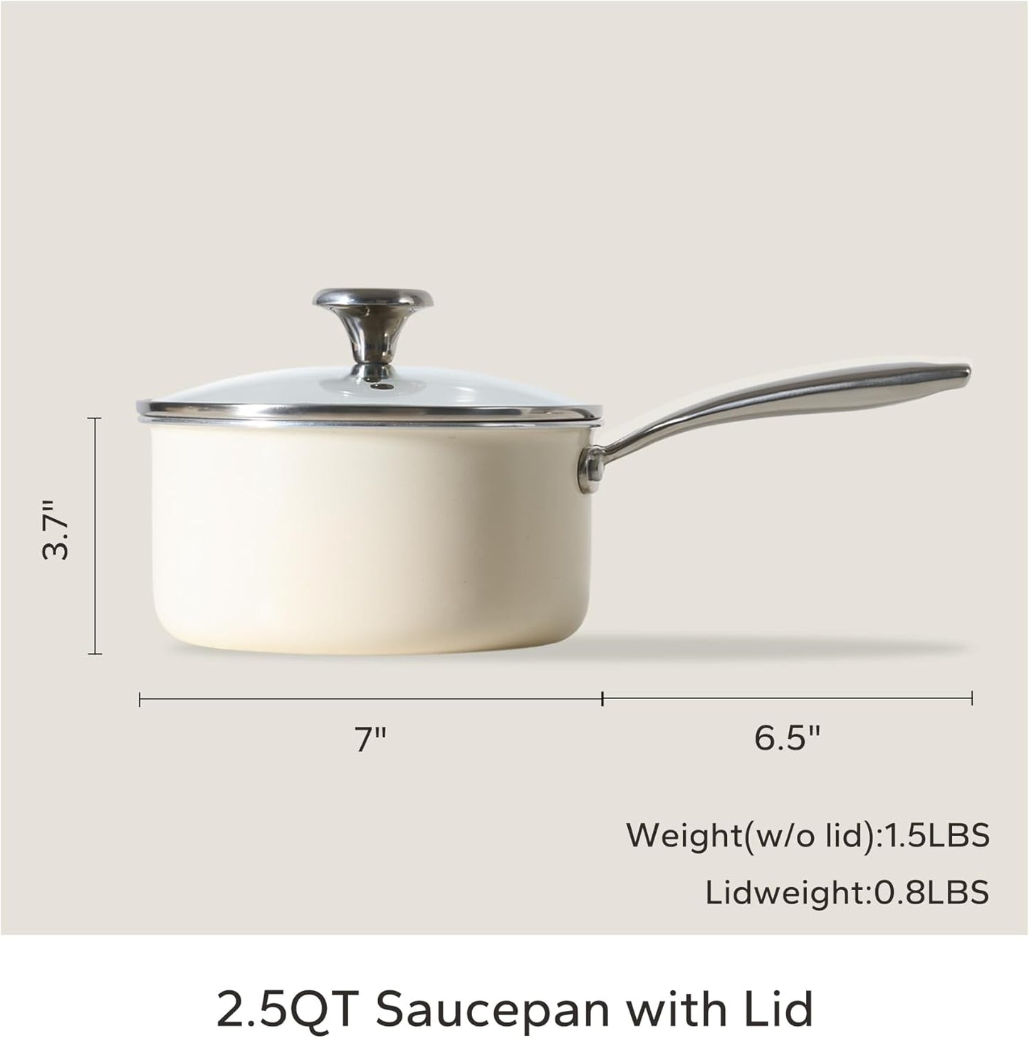 Redchef Ceramic Sauce Pan - 2.5QT Nonstick Cooking Pot with Lid & Stay-Cool Handle | Beige, PTFE & PFOA Free
