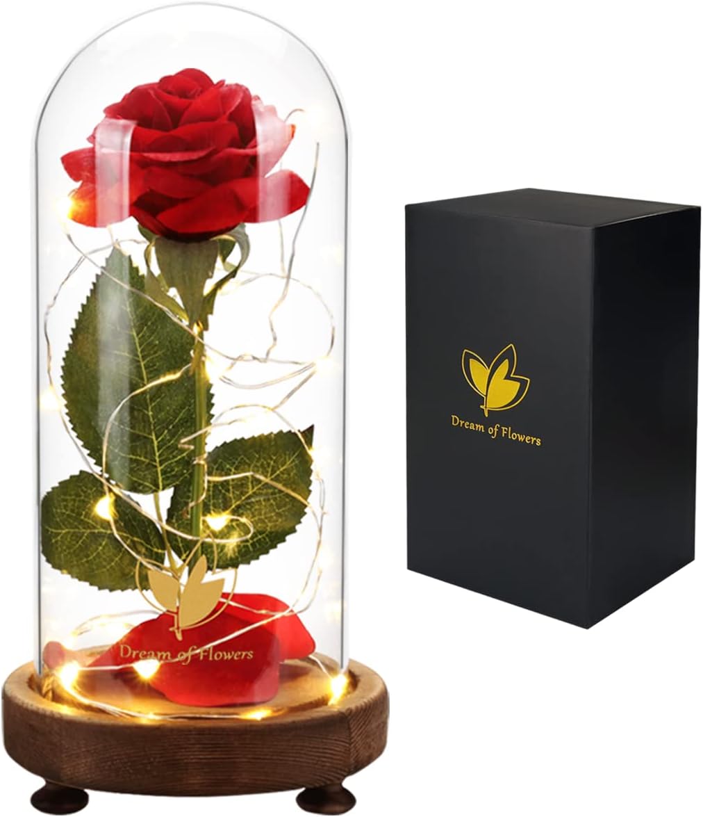 Birthday Gifts for Women,Beauty and the Beast Rose in Glass Dome,Preserved Rose with Warm Lights,Flower for Delivery Prime,Forever Flower Gifts for Women Mom Wife Girlfriend, Anniversary Birthday Gift