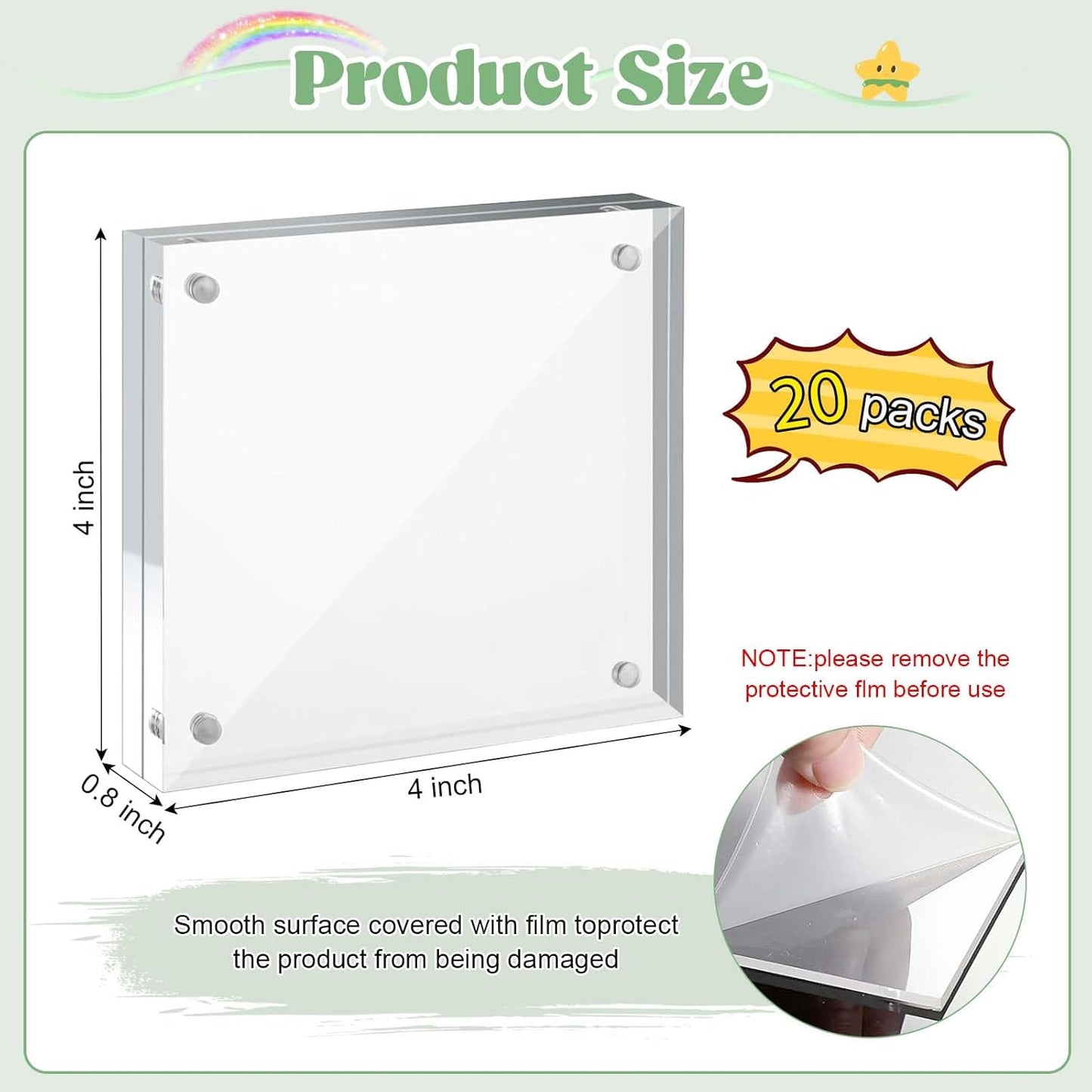 20 Pack Magnetic Acrylic Photo Frames 4x4 Inch, 20mm Thick Double Sided Display Acrylic Picture Frames, Free Standing Desktop Stand for Home & Office Decor