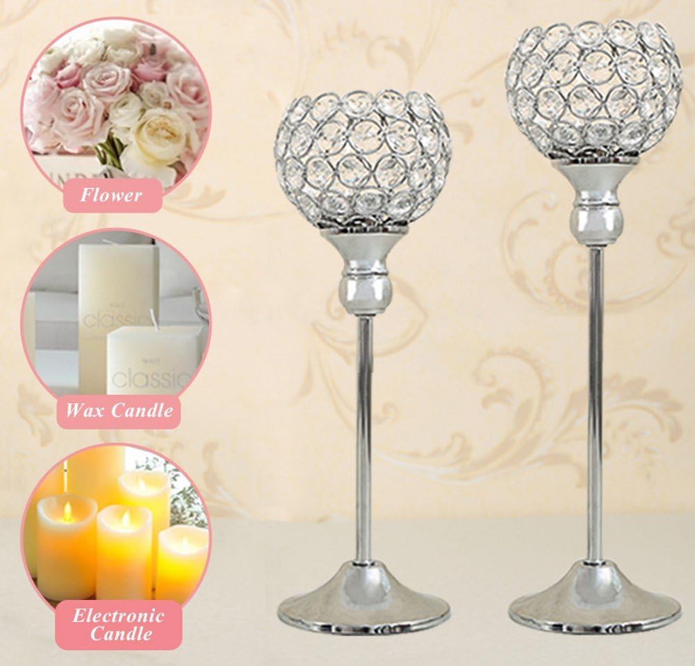 VINCIGANT Silver Crystal Votive Candle Holders Set of 2 – Elegant Tealight Stands for Weddings & Home Decor