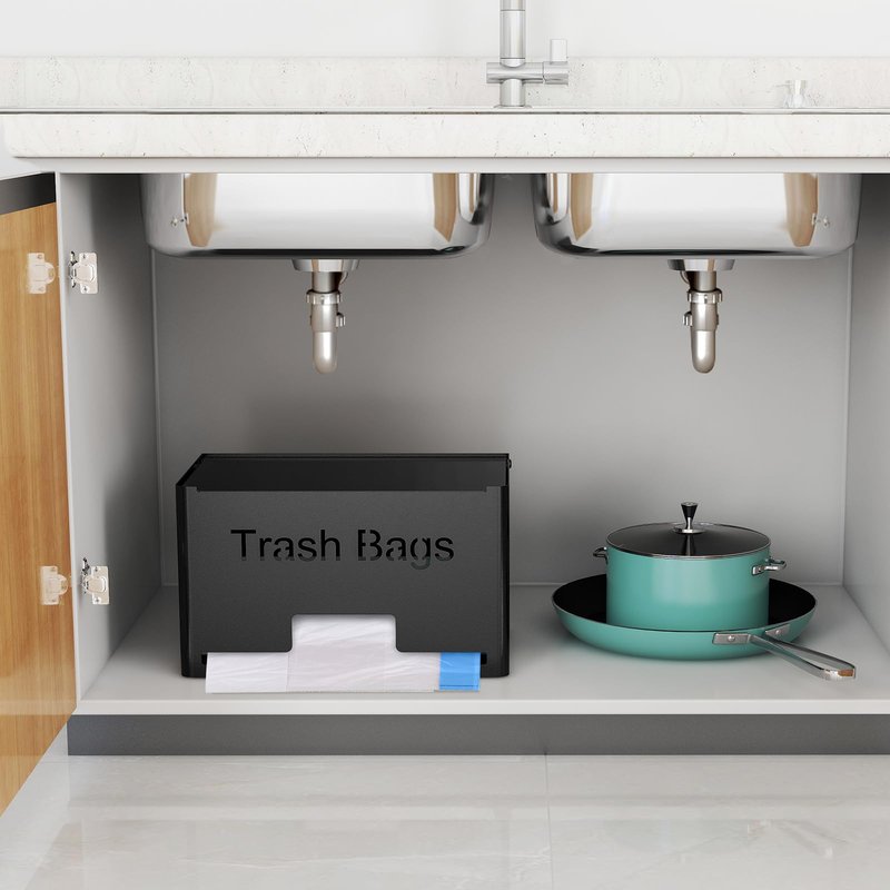 STWWO Large Trash Bag Holder Dispenser, Metal Garbage Bag Dispenser Roll Holder, Kitchen Trash Storage Organizer for Under Sink, Wall Mounted or Freestanding, Black