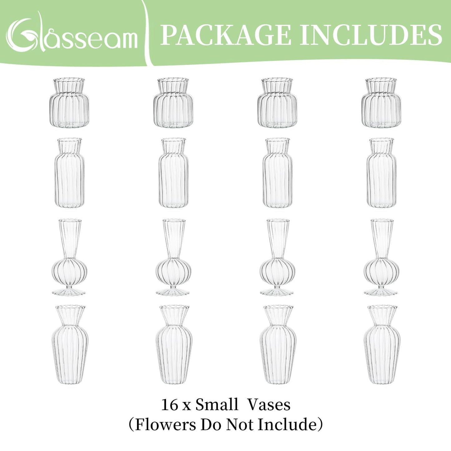 Modern Clear Glass Bud Vase Bulk Set: Glasseam 16Pcs Small Mini Flower Centerpieces Vases Handmade Decorative Cute Short Window Corner Home Decor for Wedding Reception Dining Table Single Rose