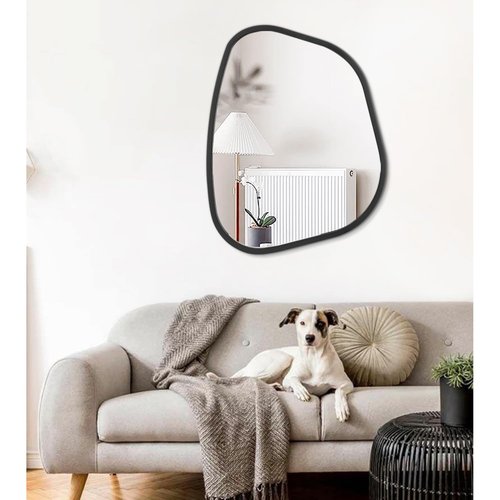 Black Asymmetrical Mirror Large 26"x18" Irregular Oval Wall Mirror Modern Wood Frame Unique Shape Wall Mounted Vanity Artistic Mirror Decorative for Living Room Bedroom Bathroom Entryway Hallway