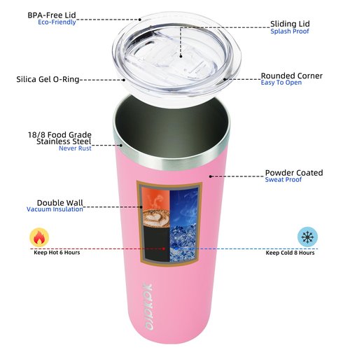 BJPKPK Skinny Insulated Tumbler, Stainless Steel Reusable Slim Insulated Travel Coffee Cup with Lid,Light Pink,20oz