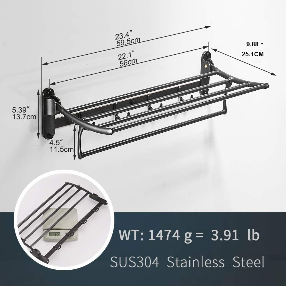 BESy 24 Inch Brushed Nickel Towel Racks, Bathroom Towel Shelf with Foldable Towel Bar Holder and Towel Hooks, Wall Mounted Multifunctional Bathroom Accessories, Double Towel Bars