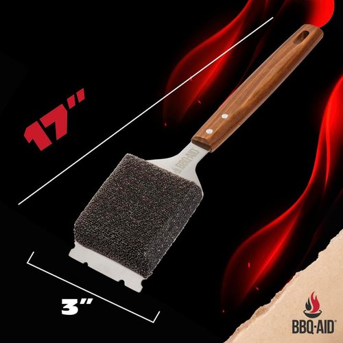 BBQ-AID Bristle Free Grill Brush - Large Wooden Handle & Replaceable Head for Scratch-Free BBQ Cleaning