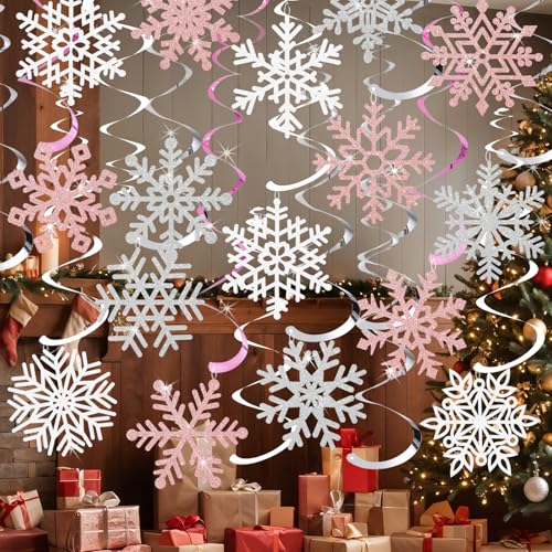 30Pcs Winter Snowflake Hanging Swirl Decorations, Pink White Silver Christmas Glitter Snowflake Hanging Swirls Ornaments Ceiling Streamers for Xmas Winter Wonderland Frozen Birthday Party Supplies