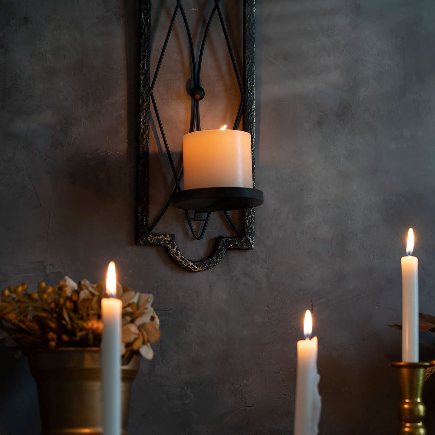 Candle Sconce(Set of 2),Metal Wall Decorations,Rustic Home Decor,Wall Candle Sconces,Gold Black Wall Sconces