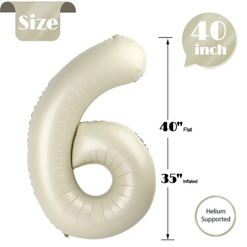 Cream 6 Balloon, Number Balloons 40 Inch, 6th Balloons for Birthday Decorations, Cream White Party Supplies 6 Birthday Balloon, Number 6 Balloon