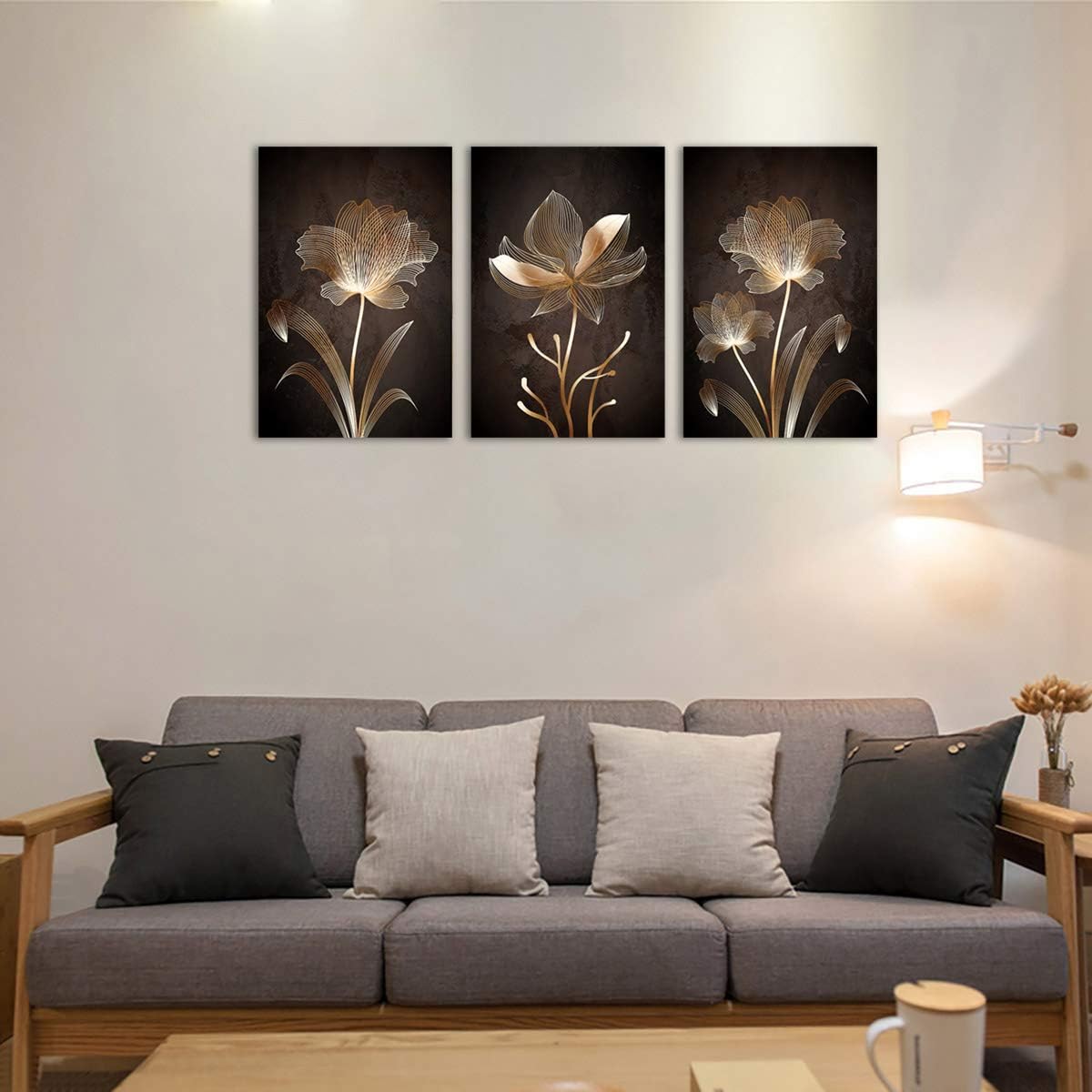 arteWOODS Abstract Wall Art Golden Flowers Canvas Pictures Contemporary Minimalism Abstract Artwork for Bedroom Bathroom Living Room Wall Decor 16" x 24" x 3 Pieces