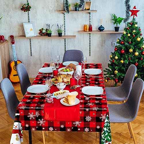 2 PCS Christmas Plastic Tablecloths Snowman Disposable Table Covers Black Red Buffalo Plaid Snowflake Tablecloth Christmas Rectangle Table Cover for Xmas Party Decor Winter Holiday, 54" x 108"