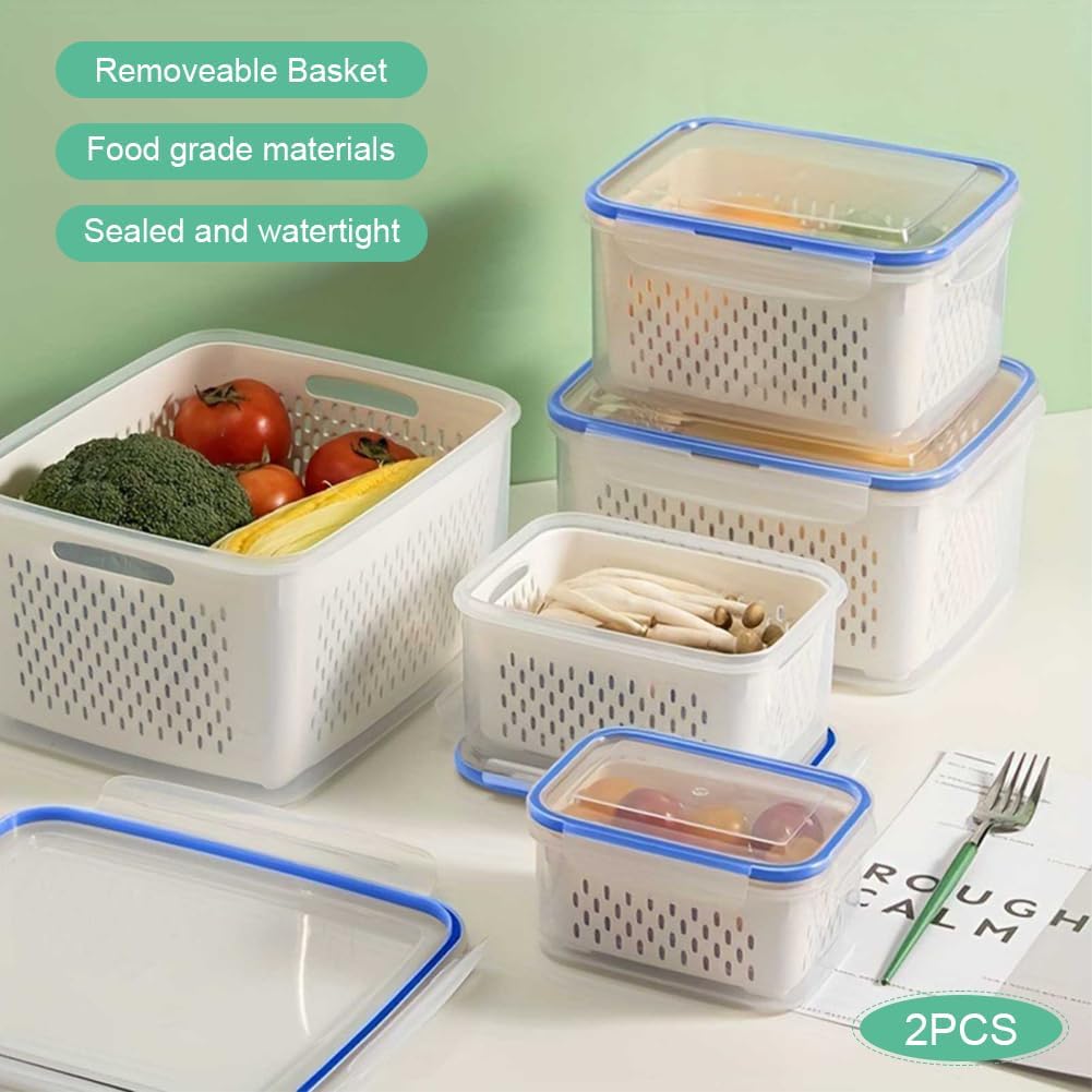 Skiennix 2-Pack Fruit Storage Containers - Removable Colanders, Dishwasher & Microwave Safe, Keeps Produce Fresh