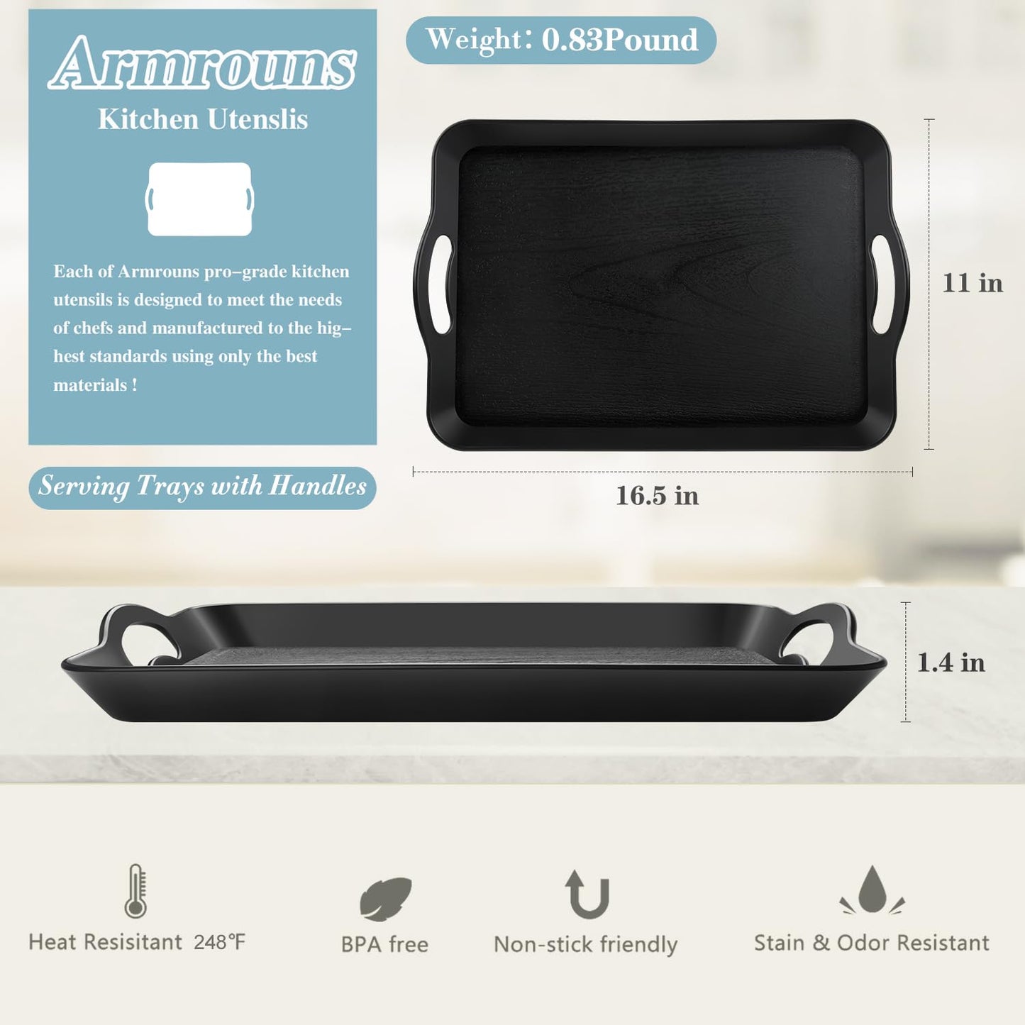 Armrouns Black Serving Trays with Handles, 16 x 11 inch Rectangular Non Skid Multi-Purpose Plastic OttomanTray for Restaurant, Parties, Coffee Table, Kitchen