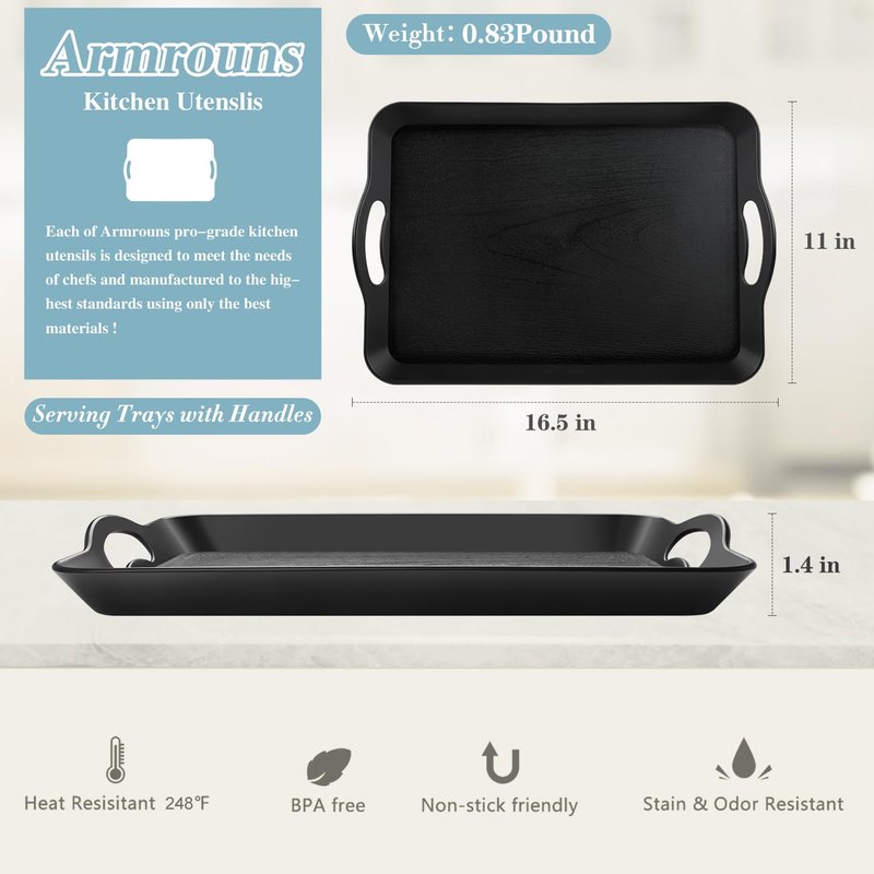 Armrouns Black Serving Trays with Handles, 16 x 11 inch Rectangular Non Skid Multi-Purpose Plastic OttomanTray for Restaurant, Parties, Coffee Table, Kitchen