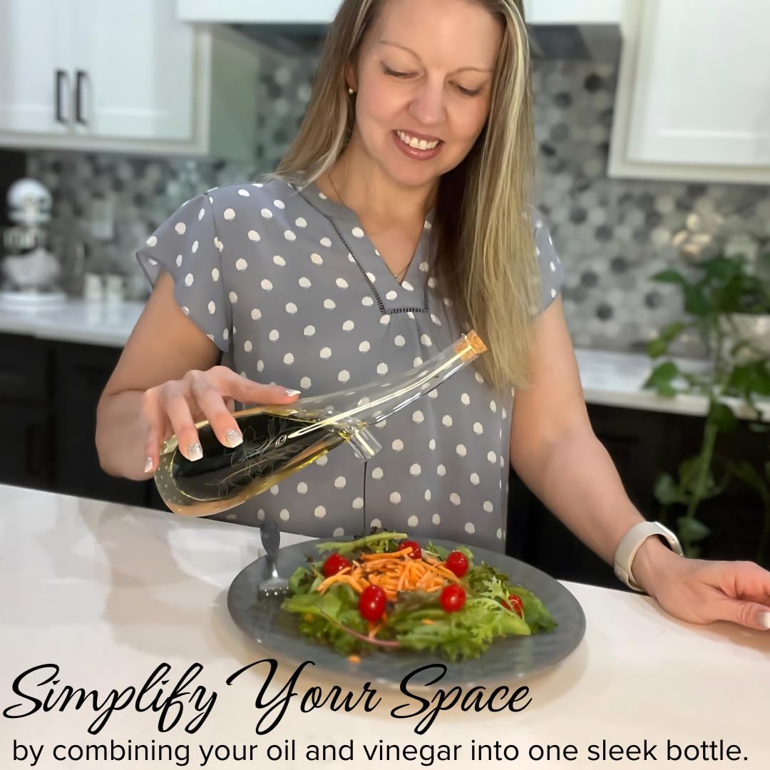 wishamotherwould 2 in 1 Glass Olive Oil Dispenser Bottle - Beautiful & Elegant Floral Etched Design - Premium Glass Salad Dressing Bottle - Olive Oil and Vinegar Dispenser Set - 12 oz