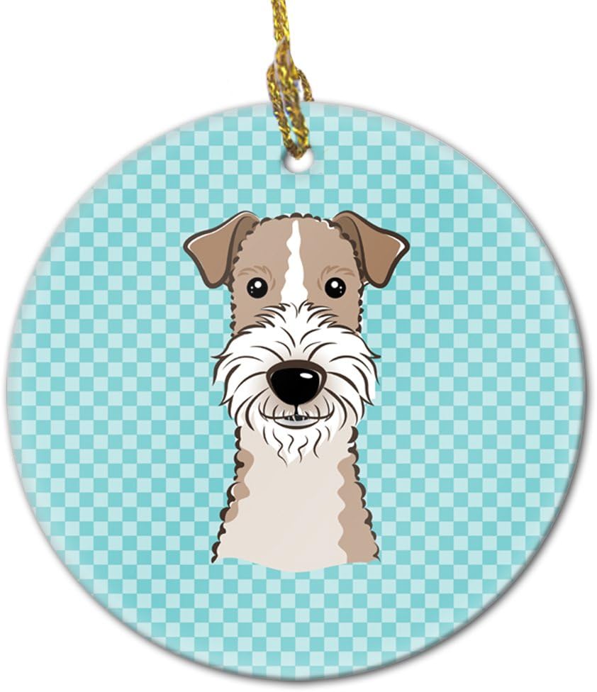 Blue Wire Haired Fox Terrier Ceramic Ornament - Checkerboard Christmas Tree Decoration, 3 in