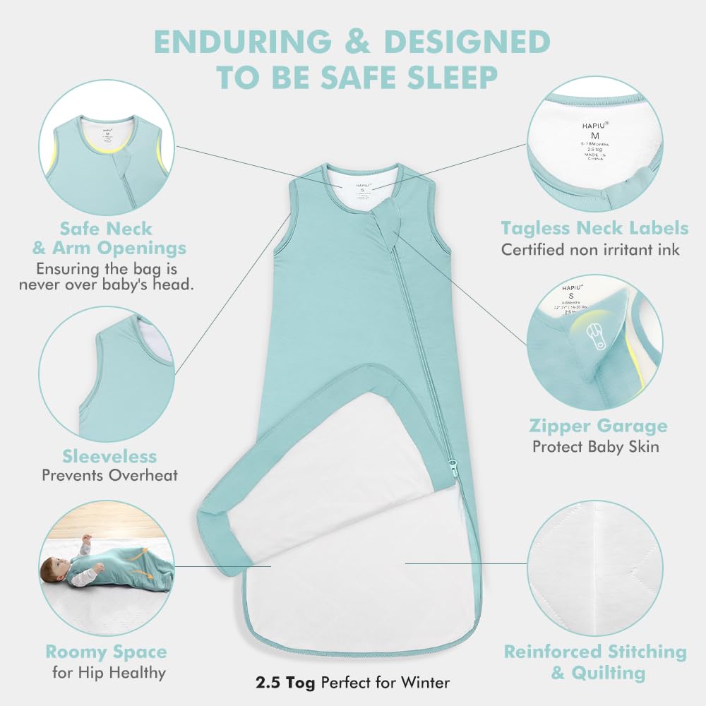 HAPIU Rayon Made from Bamboo Winter Baby Sleep Sack 2.5 TOG, 2-Way Zipper YKK, Warm Quilted Wearable Blanket Baby Infant Toddler, 18-36 Months, Sage