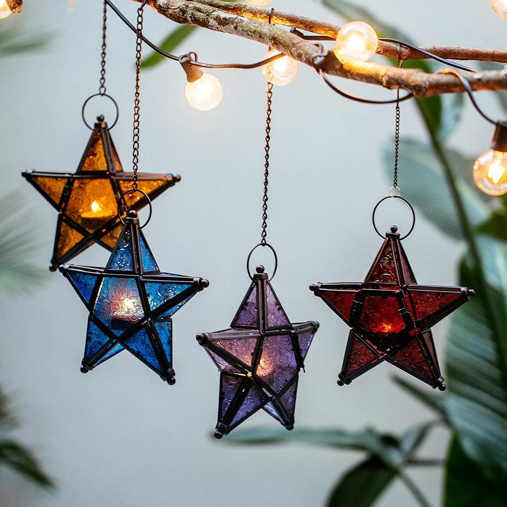 Purple Star Lantern Candle Holder - Decorative Hanging Glass Lantern for Home & Garden