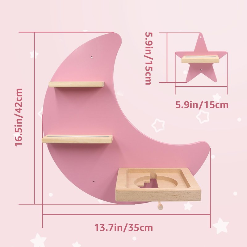 Taladad for Toniebox 2 and Toniebox 1 Tonie Shelf Wall Mounted Set of 4 (Moon and 3 Stars),Tonies Figures Tonies Storage,Magnetic Wooden Floating Shelves Compatible with Tonie Box Player Character