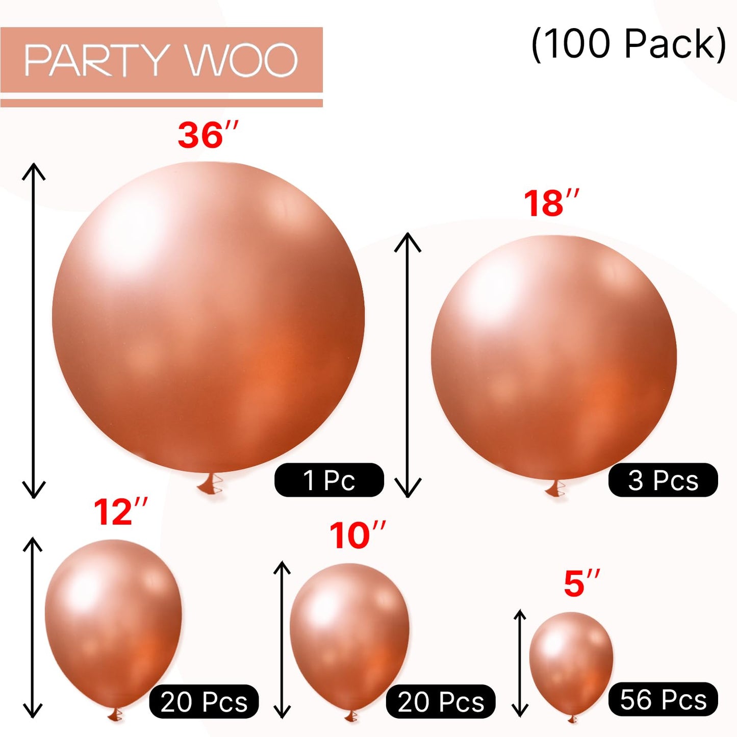 PartyWoo Rose Gold Balloons 100 pcs Different Sizes of 36 18 12 10 5 Inch Gold Balloon Arch Kit Garland for Birthday Graduation Bachelorette Bridal Shower Wedding Party Decorations Rose Gold-G107