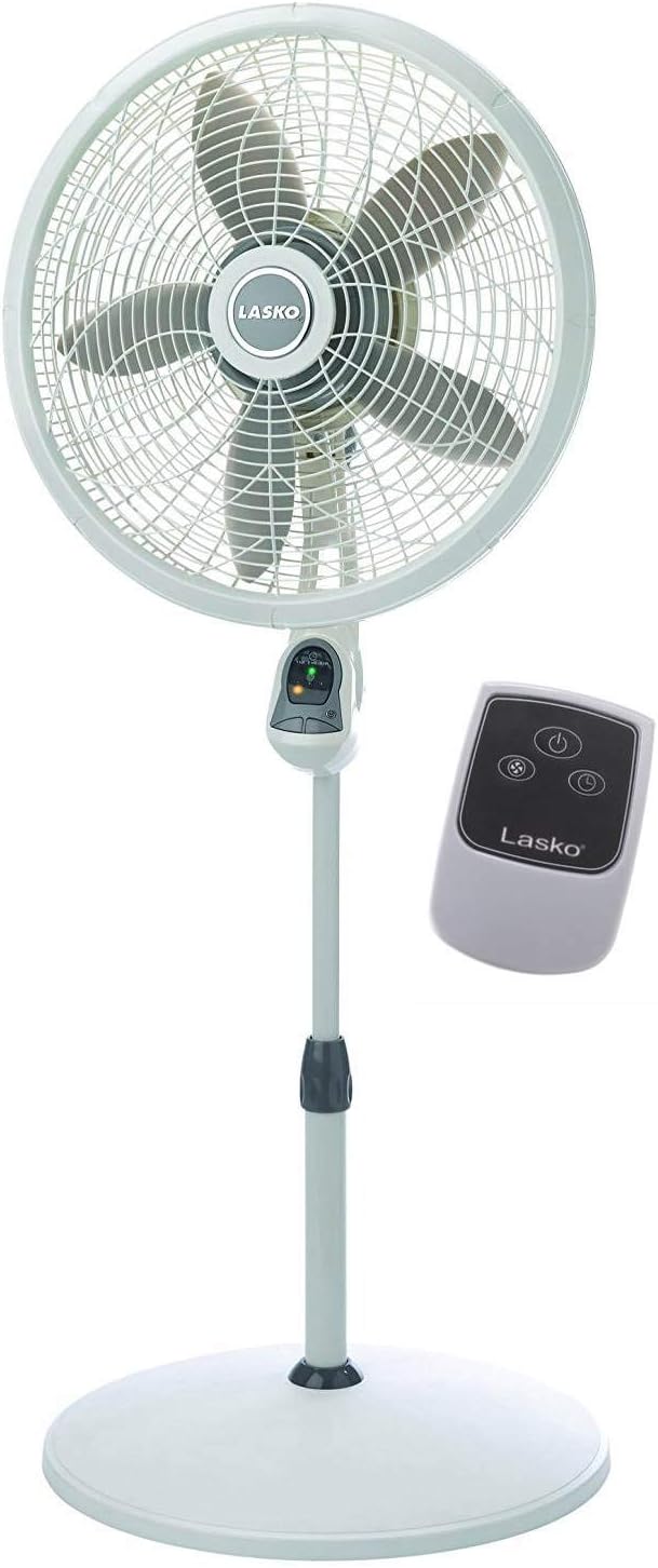 Lasko Elegance and Performance Pedestal Stand Fan, 3-Speeds, 90 Degree Oscillation, Adjustable Height, Timer, Remote for Indoor, Bedroom, Living Room, Home Office, Dorm Use, 18 Inch, White, 1850