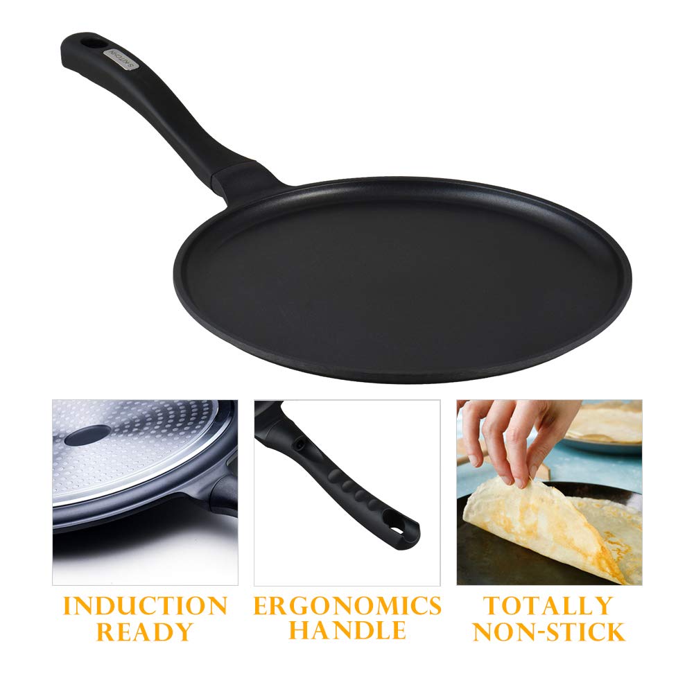 S·KITCHN Crepe Pan Nonstick Dosa Pan for Roti Indian, Non-Stick Pancake Griddle Compatible with Induction Cooktop, Comal for Tortillas - 11IN