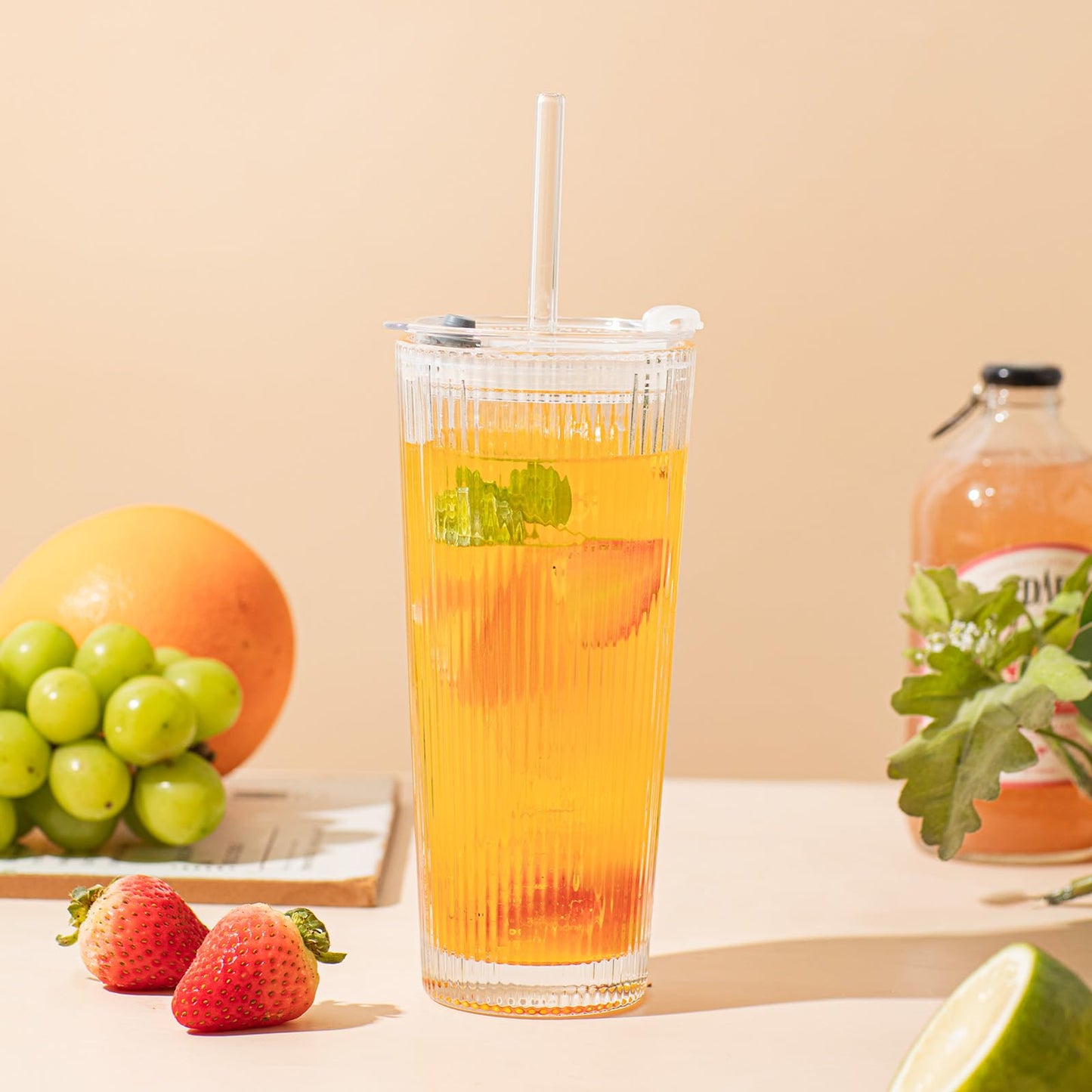 SoulTimes 16oz Ribbed Glass Tumbler with Lid and Glass Straw – Set of 4 Glass Cups with Lids and Straws for Coffee, Smoothies, Cocktails and More, Reusable Iced Coffee Cups for Daily Use and Travel