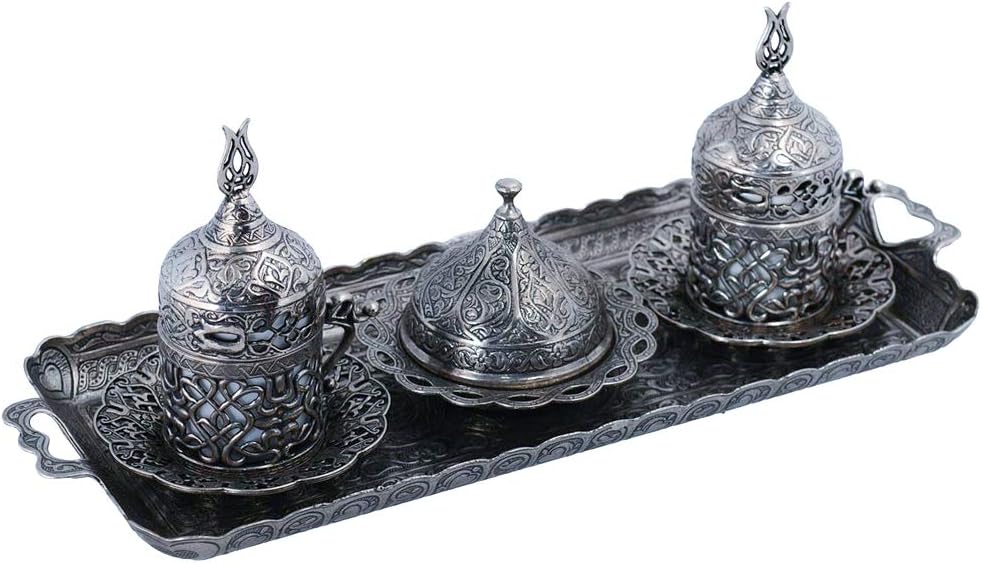 Alisveristime Turkish Coffee Set for Two - Authentic Ottoman Style Cups, Saucers, and Serving Tray with Lale Motifs (Acur) (Copper)