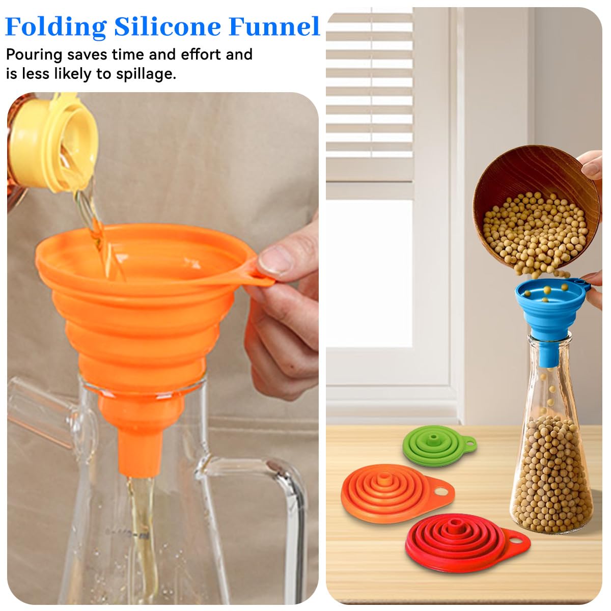 Skiennix Kitchen Funnel Set - 4 Pack of Foldable Silicone Funnels for Easy Liquid Filling - Food Grade