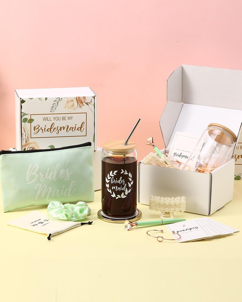 DHQH Bridesmaid Proposal Gifts Box Set, Will You Be My Maid of Honor Gifts for Bridal Shower Wedding, Bridesmaid Gifts Basket With 16 oz Iced Coffee Cup Bracelets Necklace (36pcs)