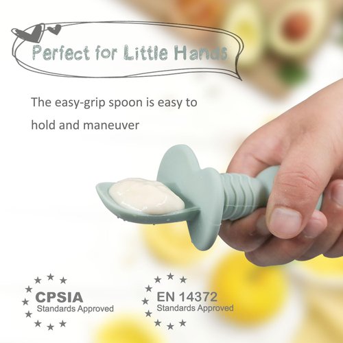 Ginbear Platinum Silicone Baby Spoons - Non-Toxic Self-Feeding Utensils for Infants | 4-Pack in Hazy Green & Pink