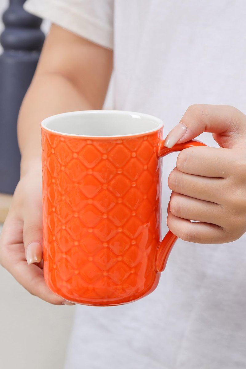 Yachi 19oz Ceramic Tea Mug with Infuser and Lid Loose Leaf Tea Steeper Microwave & Dishwasher Safe for Tea, Coffee, Milk, Home & Office (Orange Embossed Porcelain Tea Cup)