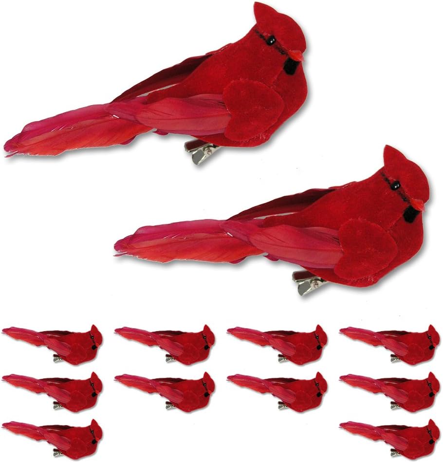 Red Cardinal Clip-On Christmas Tree Ornaments - Set of 12, 5" Long with Flocked Body & Feathered Wings