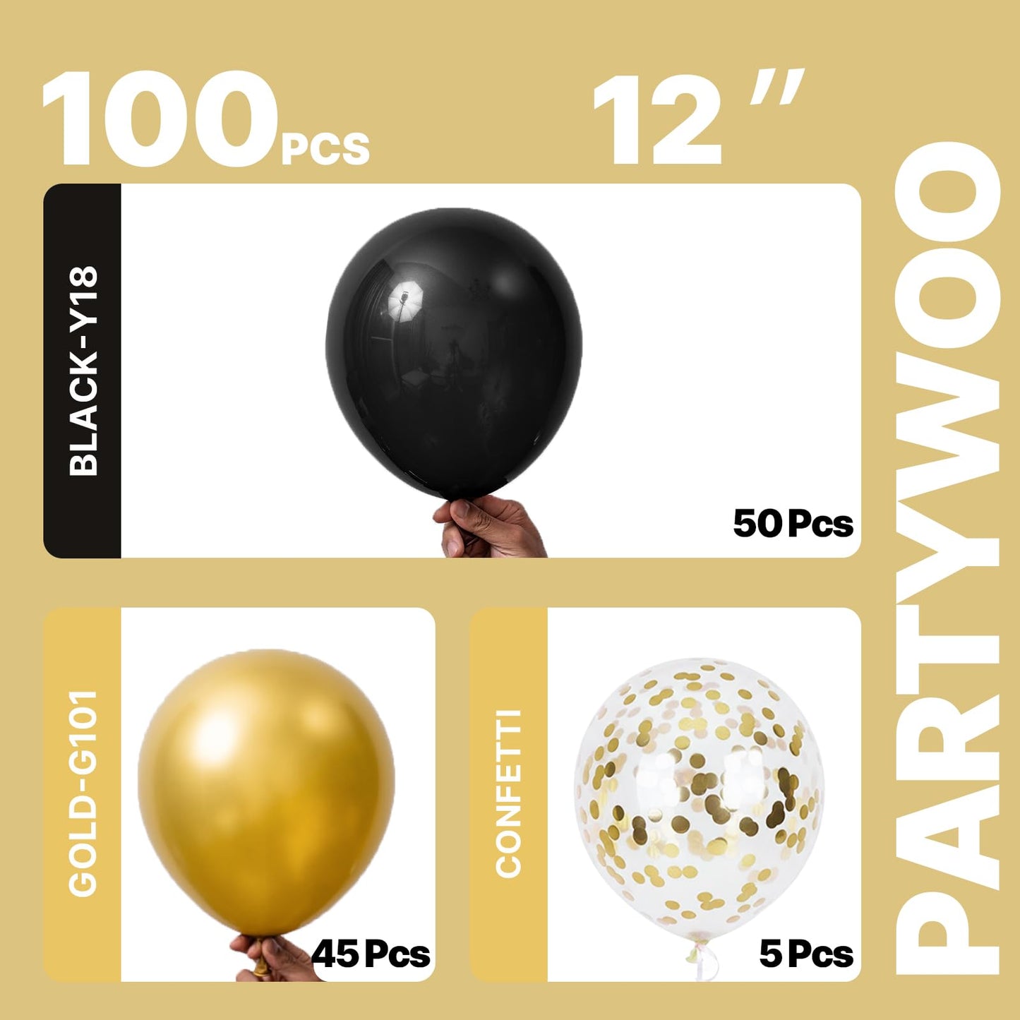 PartyWoo Gold and Black Balloons 100pcs 12 Inch Black and Gold Metallic Balloons for Birthday Wedding Anniversary Graduation Bachelorette Engagement Bridal Shower Retirement Party Decorations